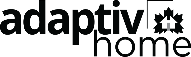 Logo of Adaptive Home featuring the text 'adaptiv home' with a stylized house and maple leaf.