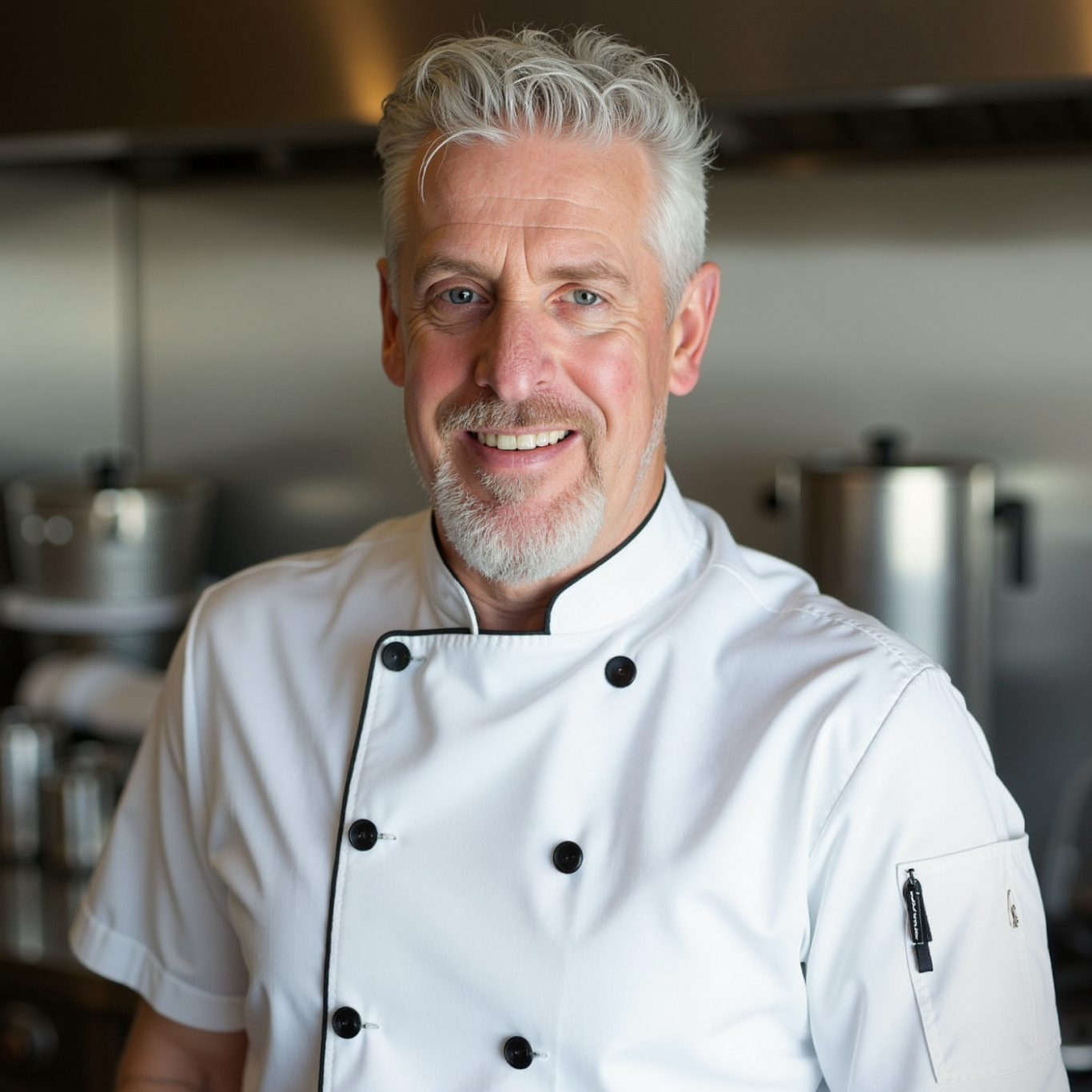 Steven Bartlett The chef is smiling in a white uniform, standing in a kitchen with cooking equipment in the background.