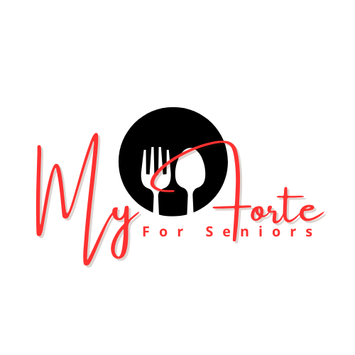 Logo Logo with a fork and spoon inside a circle, featuring the text "My Forte for Seniors."