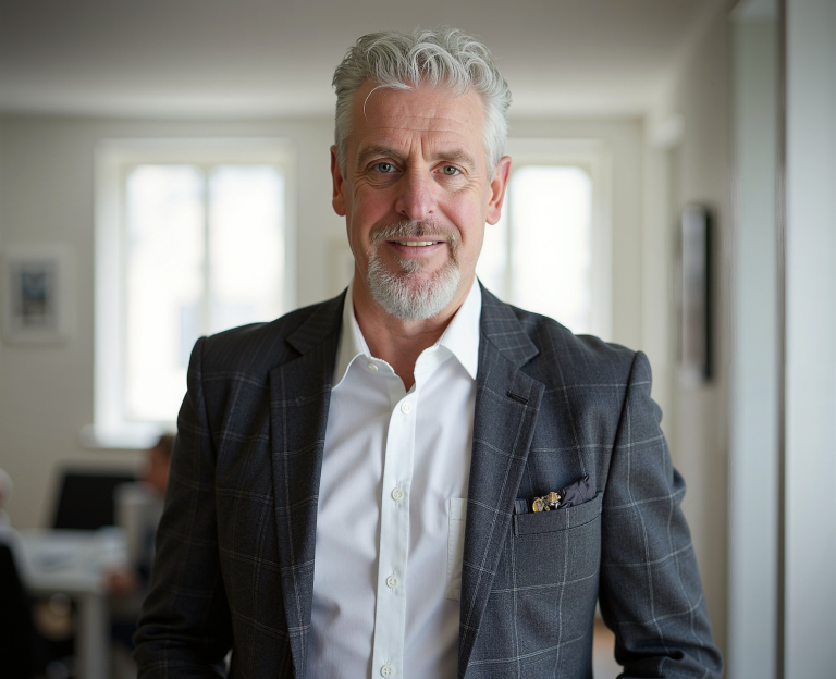 Adaptive Home Renovations A confident middle-aged man in a tailored suit, smiling in a bright office setting.