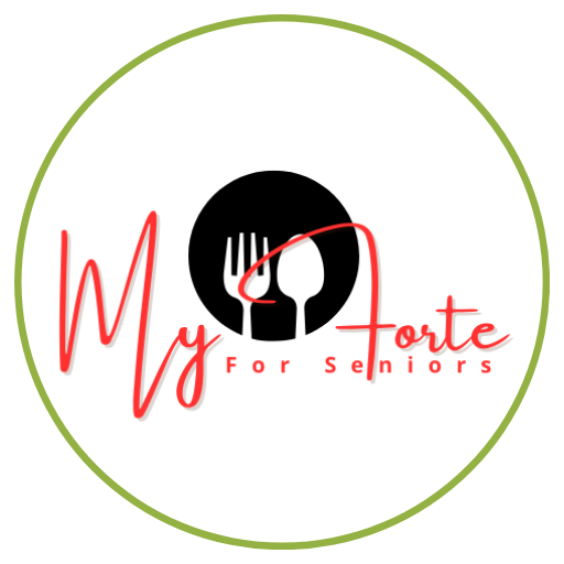 Logo for "My Forte for Seniors," featuring a fork and spoon in a circular design.