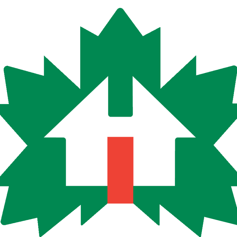 CHBA Green maple leaf with a stylized house icon in the center and a red vertical line.
