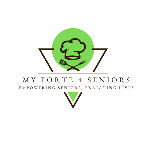 Logo with a fork and spoon inside a circle, featuring the text "My Forte for Seniors."